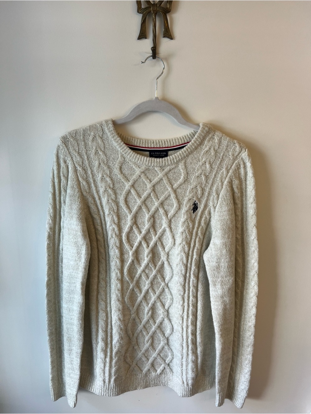 U.S. Polo Assn Women's XL Cream Cable Knit Crew Neck Logo Metallic Lurex Sweater